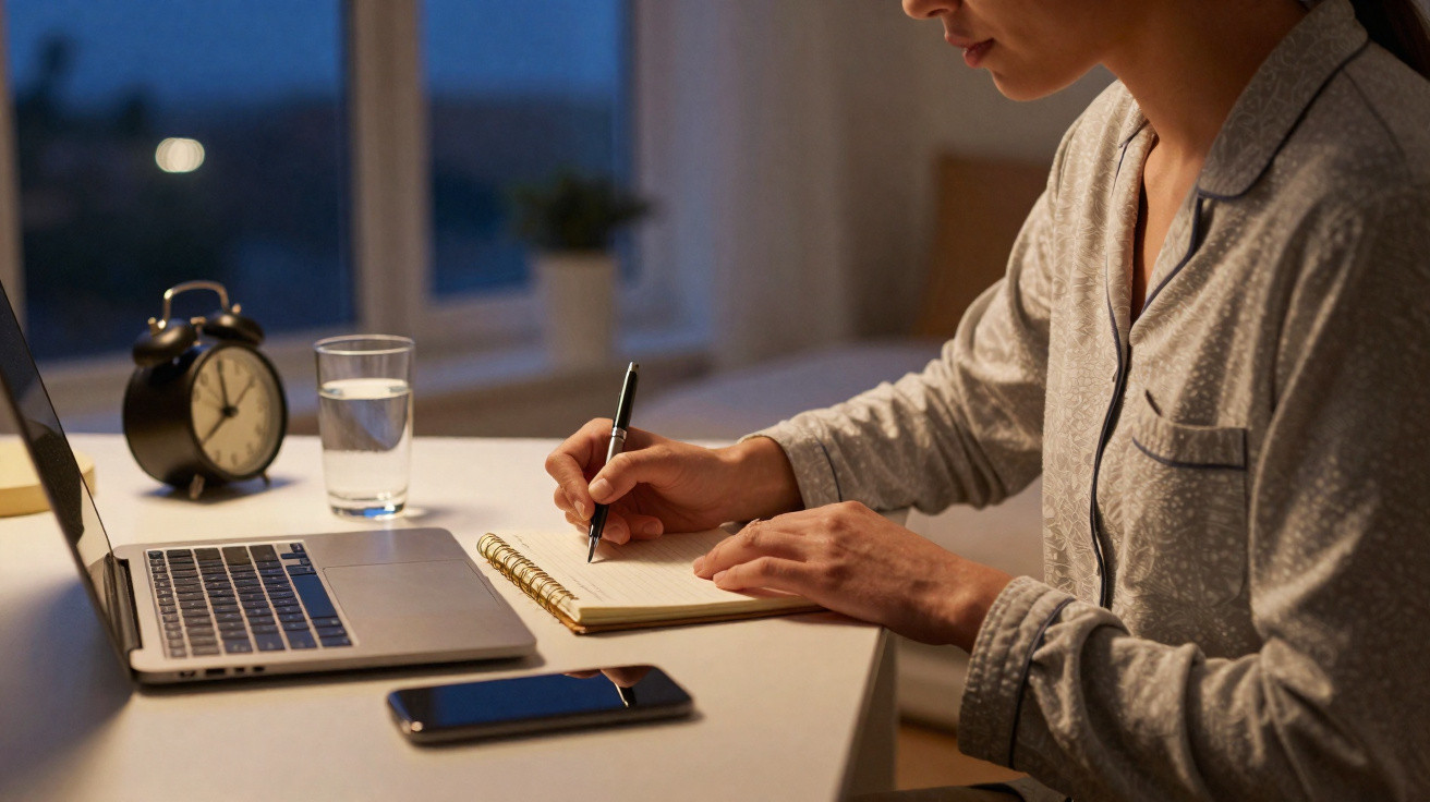 Pessoa de pijama a escrever num caderno com computador, telemóvel e despertador numa mesa à noite.