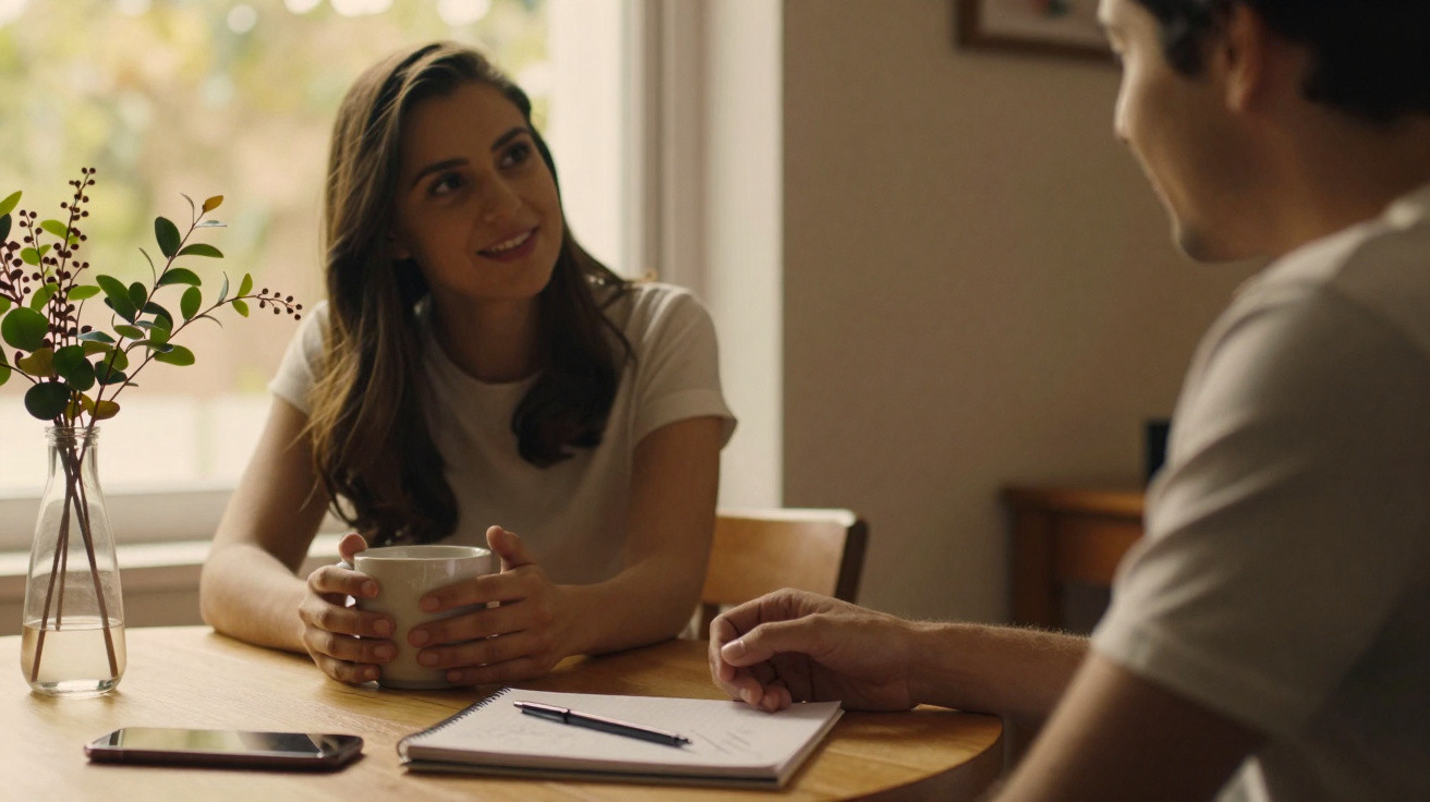 Duas pessoas sentadas à mesa a conversar, uma segurando uma chávena, com bloco de notas e telemóvel sobre a mesa.