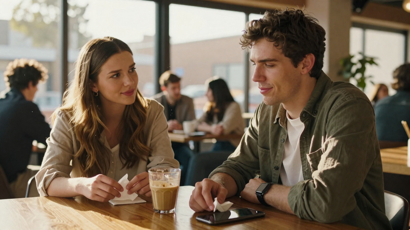 Casal jovem conversa numa cafetaria, com bebida sobre a mesa e pessoas ao fundo.