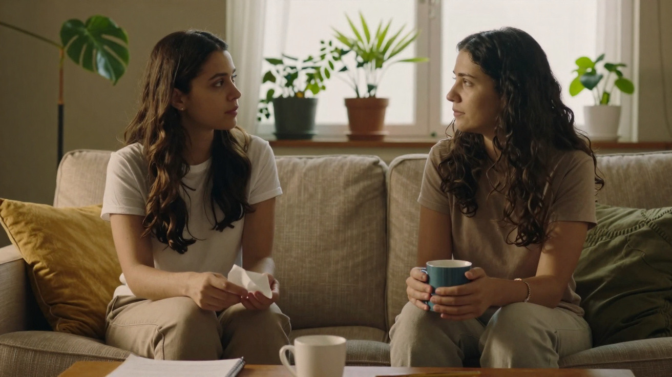 Duas mulheres sentadas no sofá a conversar, uma segura um lenço e a outra uma caneca azul.