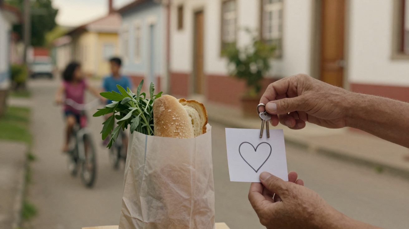 Mãos seguram chave e papel com coração junto a saco com pão e ervas numa rua com pessoas ao fundo.