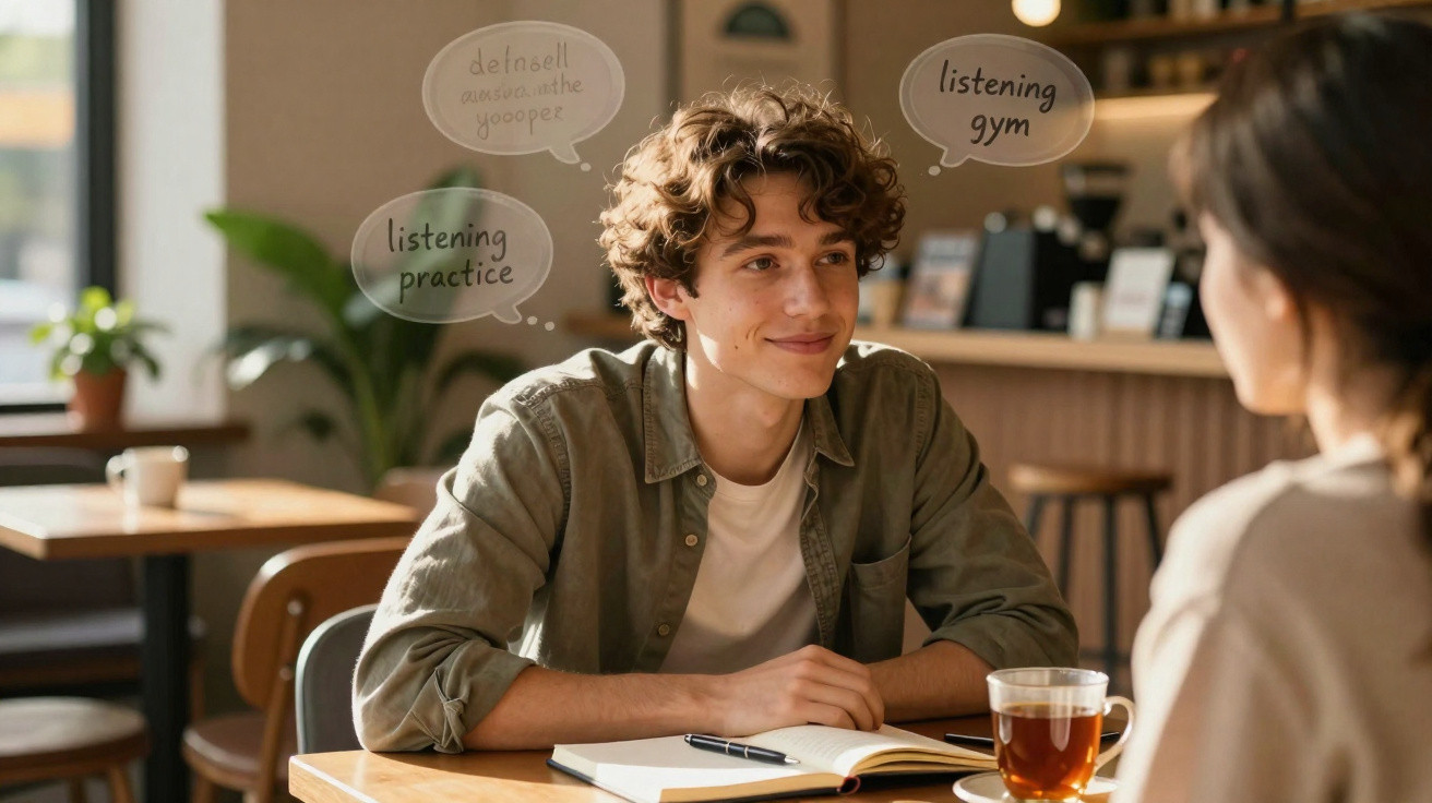 Jovem atento a conversa numa mesa de café com caderno aberto e chá à sua frente.