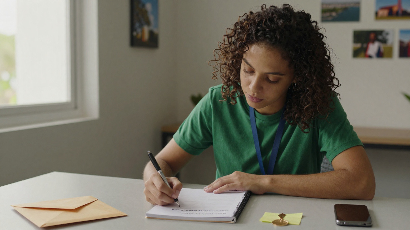Jovem de cabelo encaracolado e camisola verde a escrever num caderno numa mesa com envelope e telemóvel.