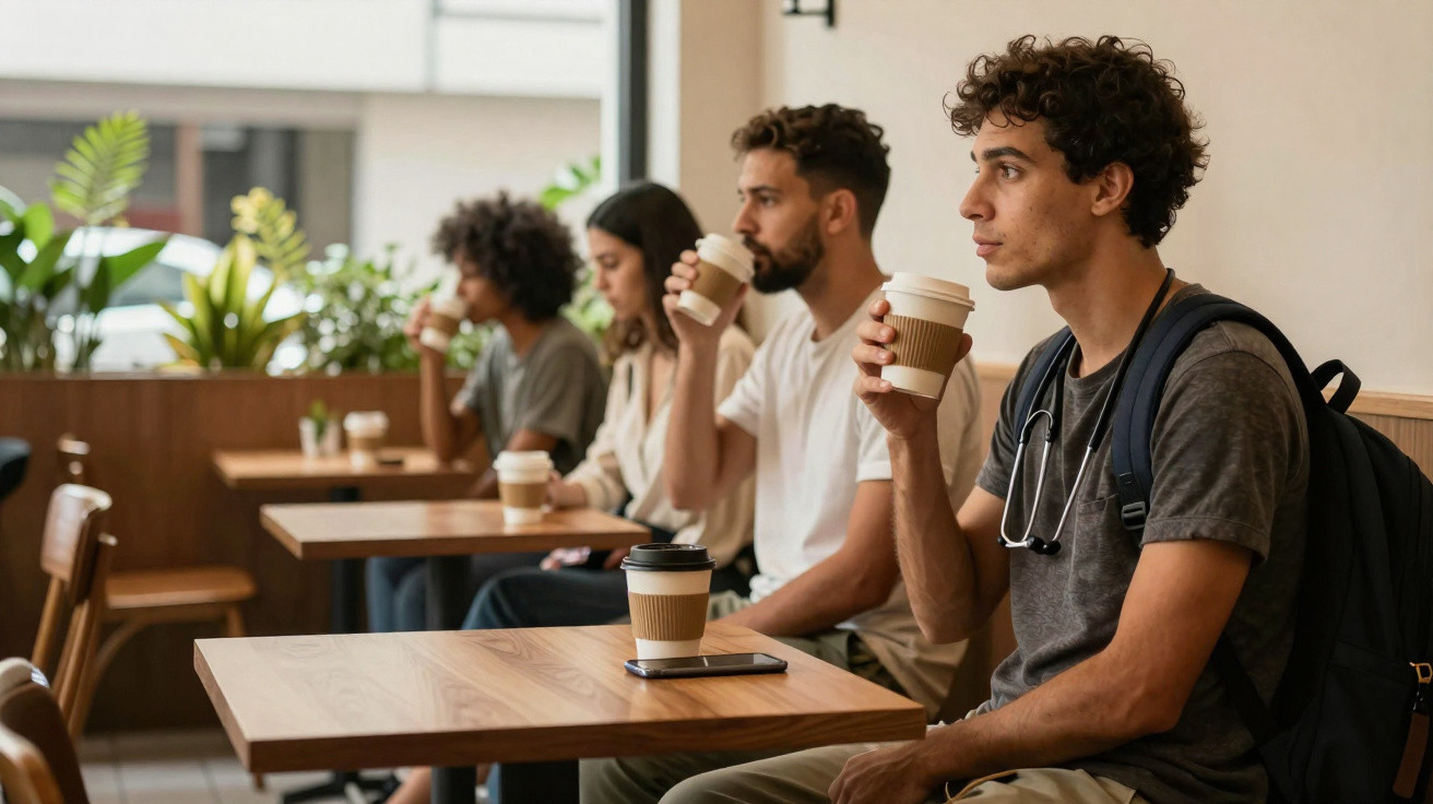 Quatro jovens sentados num café a beber café para levar, lado a lado junto à janela.