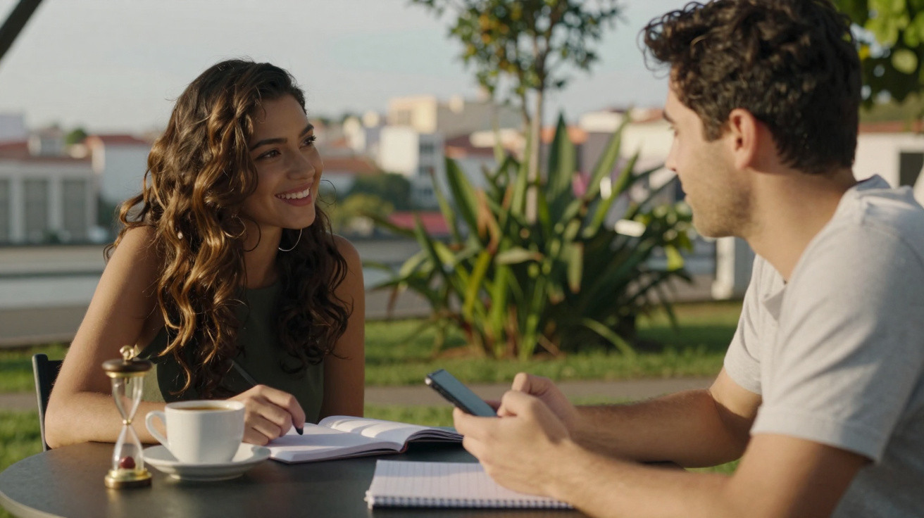 Duas pessoas sentadas ao ar livre a conversar, com livros, um relógio de areia e uma chávena de café na mesa.