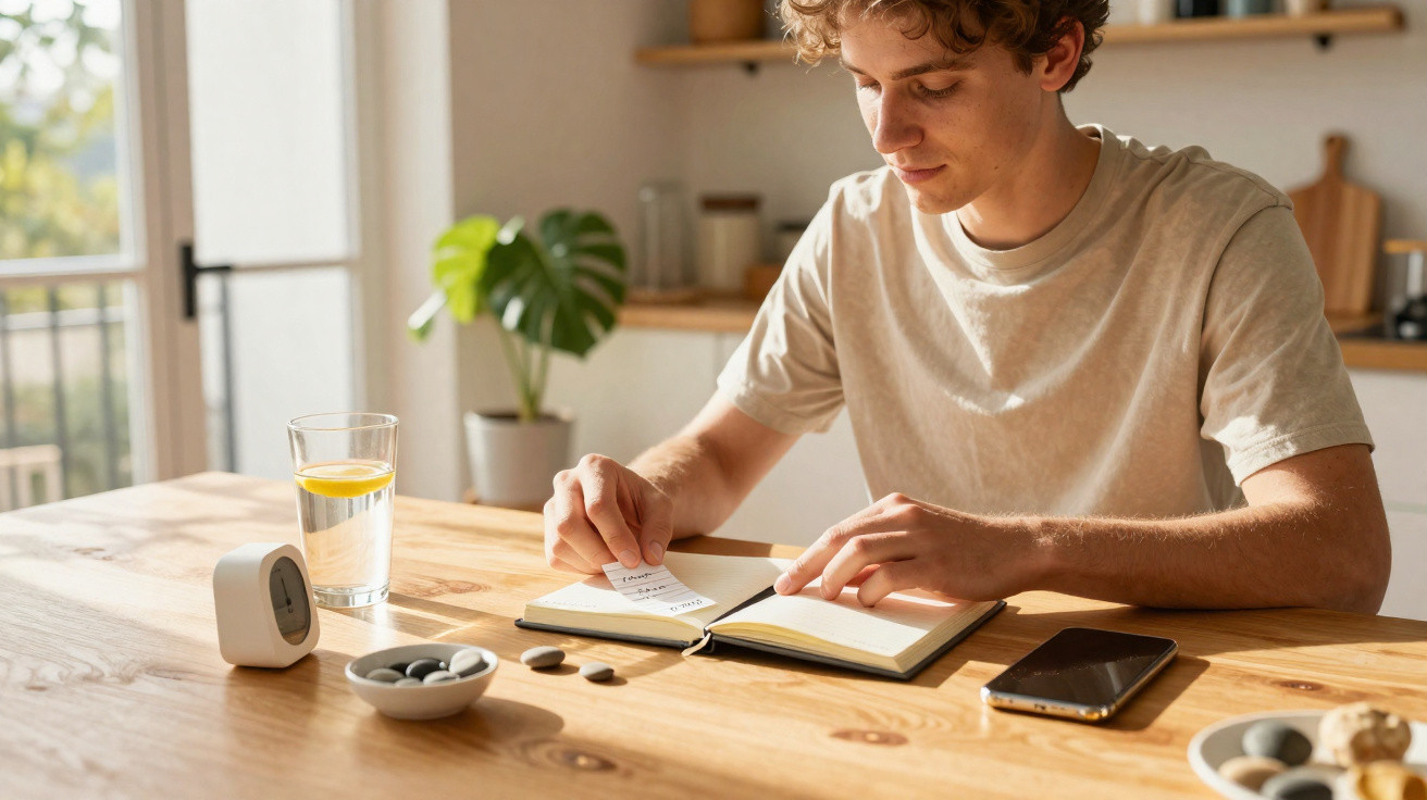 Jovem a organizar notas num caderno numa mesa de madeira com copo de água, relógio e telemóvel.