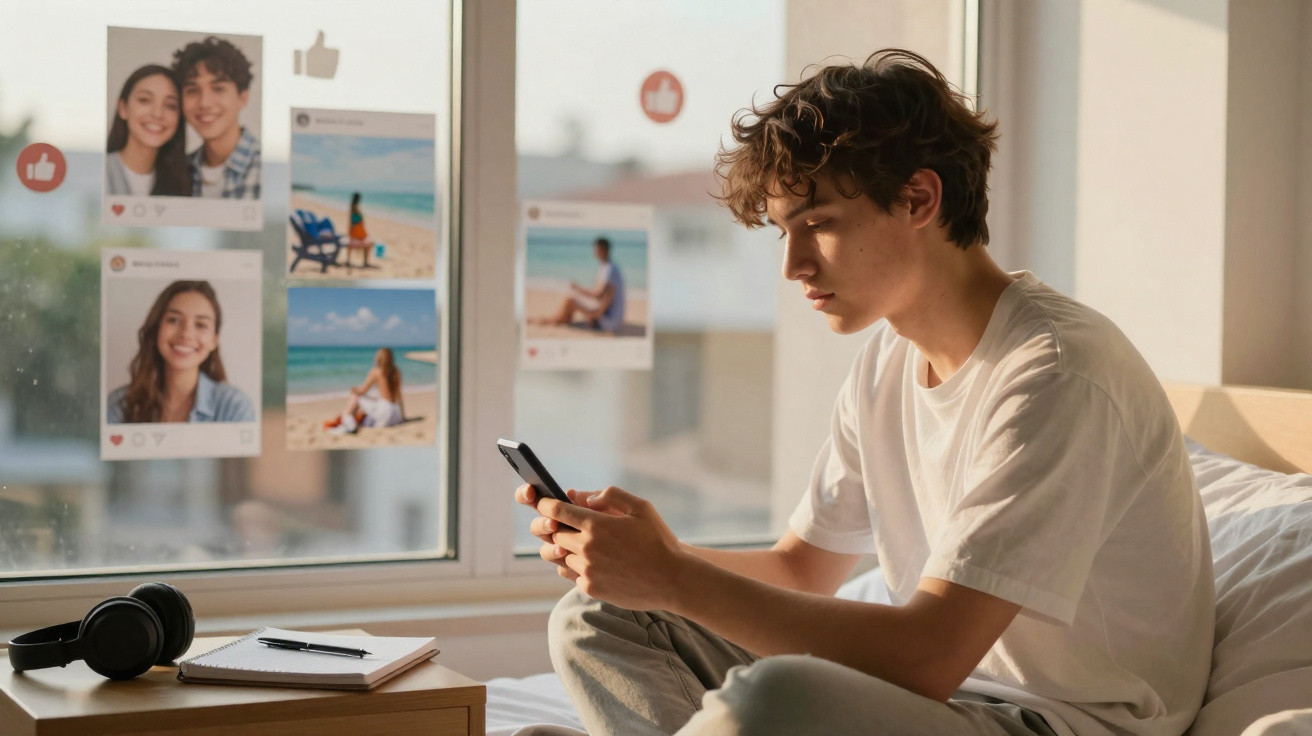 Jovem sentado na cama a usar telemóvel, com fotos e ícones de redes sociais no vidro da janela.