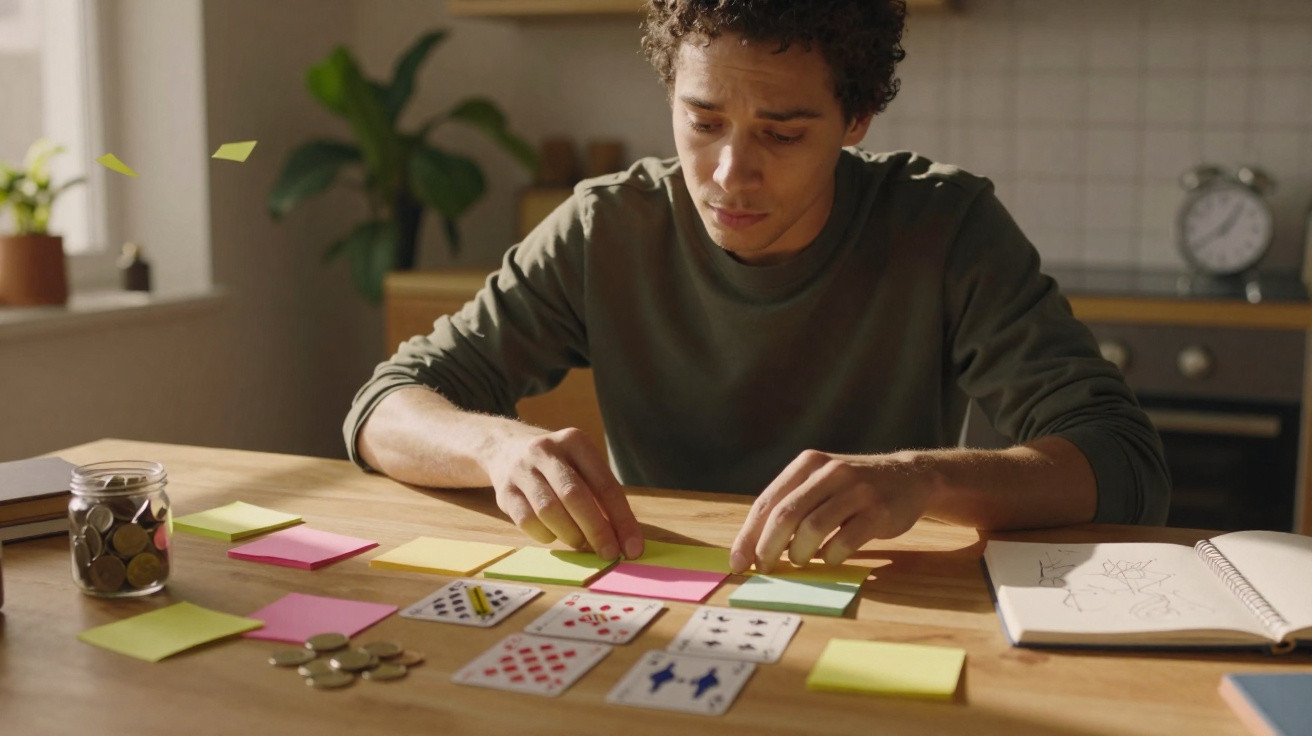 Homem sentado em mesa com cartas de baralho, moedas e notas adesivas coloridas, concentrado a organizar as notas.