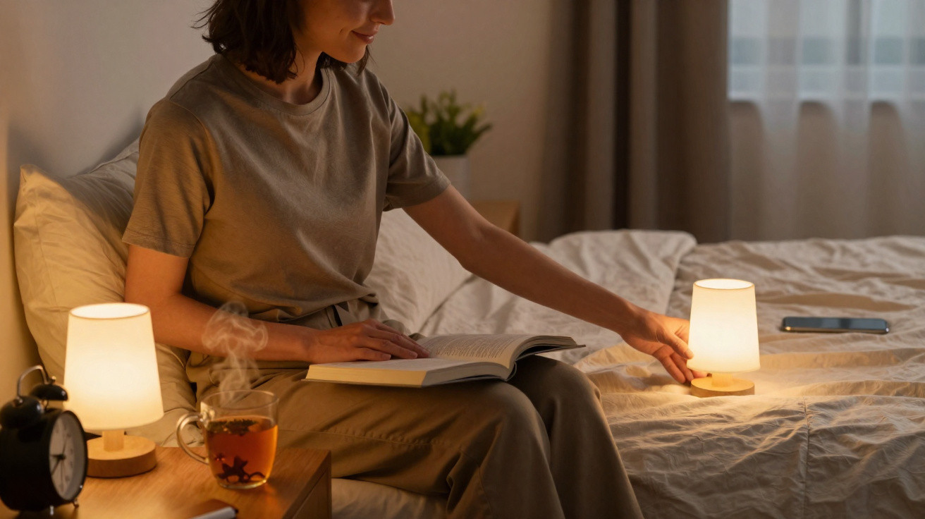 Mulher sentada na cama a ler livro e a apagar luz de candeeiro num quarto com iluminação quente.