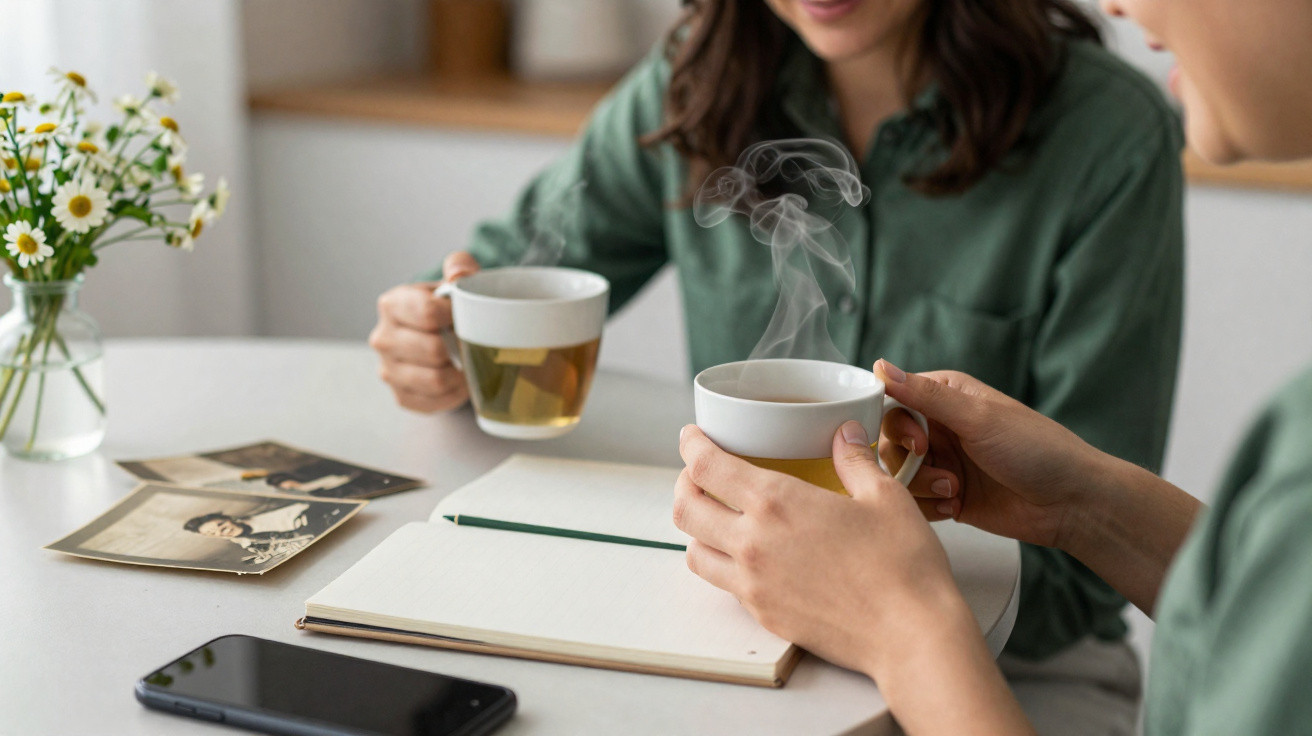 Duas pessoas a beber chá quente numa mesa com caderno, fotografias antigas e telemóvel.