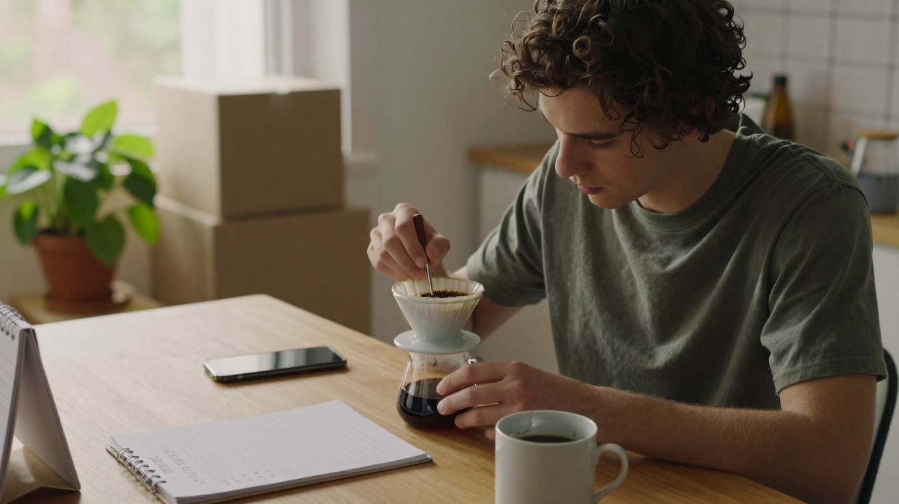 Jovem prepara café coado numa jarra de vidro, sentado à mesa com caderno, telemóvel e caneca.