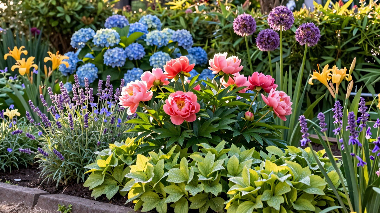 Jardim com peónias rosa, lavanda, flores azuis, amarelas e alliums cor de roxo.