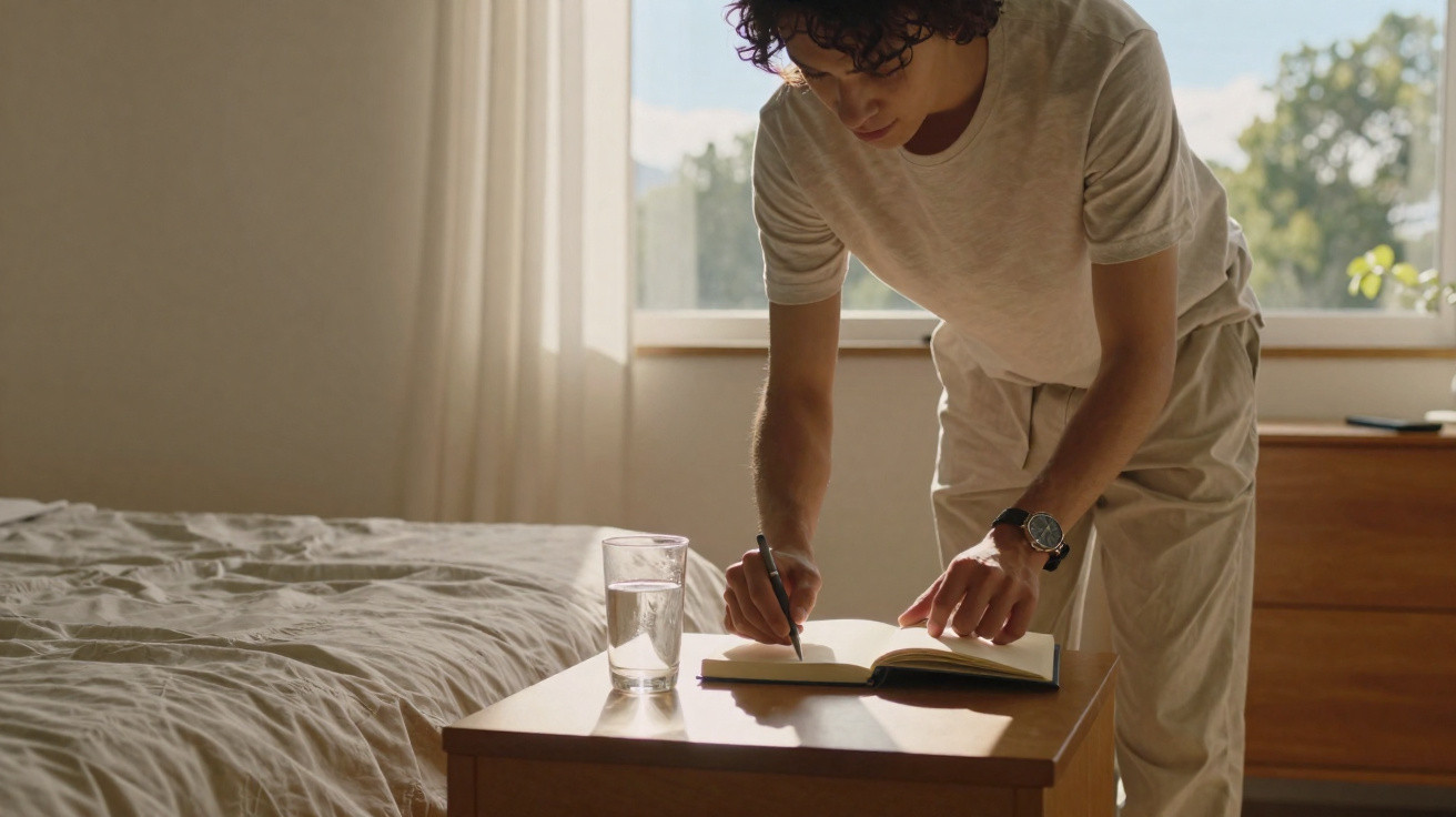 Pessoa de pé a escrever num caderno sobre uma mesa ao lado da cama, com um copo de água ao lado.