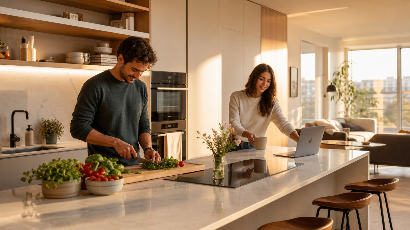 Casal jovem na cozinha moderna, homem a cortar legumes e mulher a usar computador portátil.