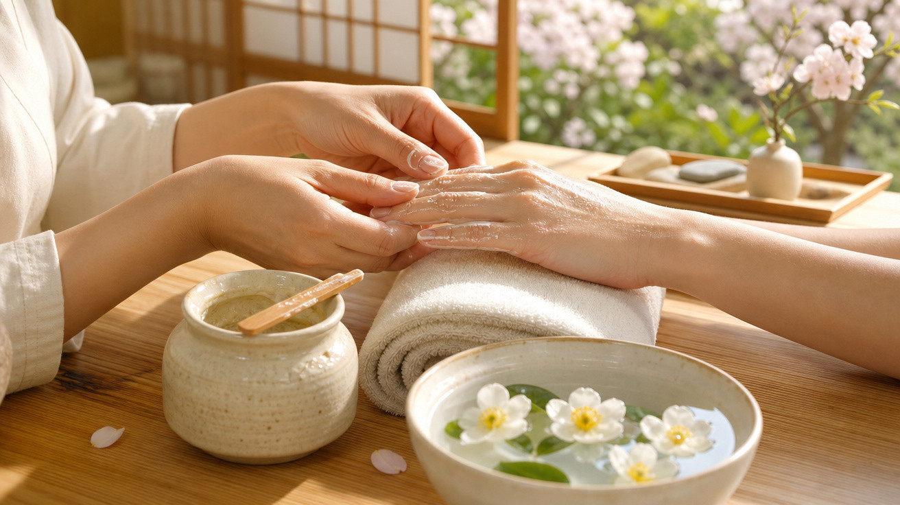 Mãos de uma pessoa a receber massagem com creme num ambiente relaxante com flores e toalha branca.