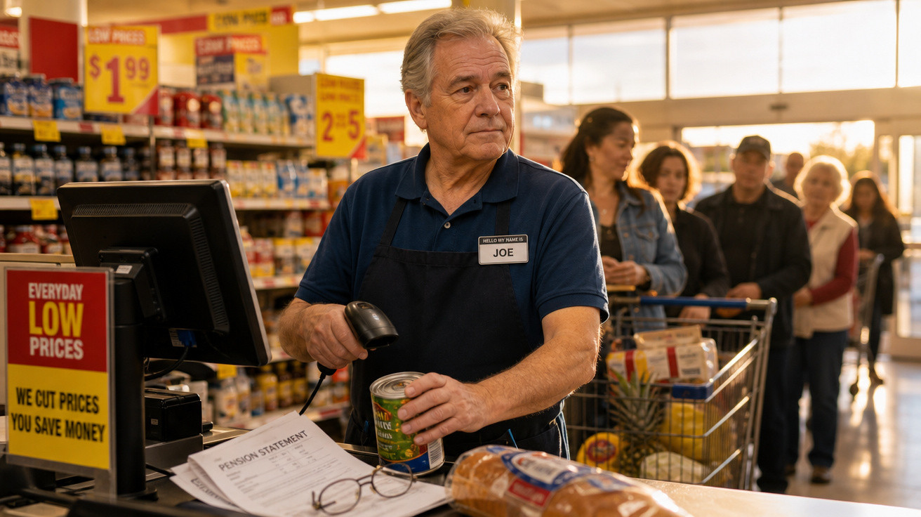 Caixa de supermercado a passar um artigo enquanto clientes estão na fila para pagar.