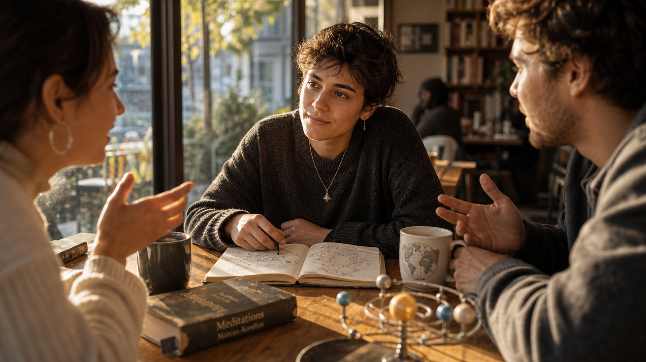 Três pessoas discutem projetos num café, com livros, cadernos e um modelo do sistema solar na mesa.