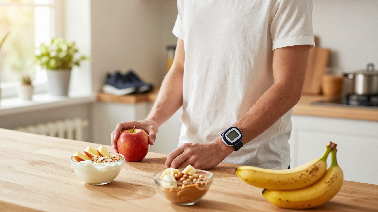 Pessoa em camiseta branca a preparar uma refeição saudável com frutas e aveia numa cozinha iluminada.