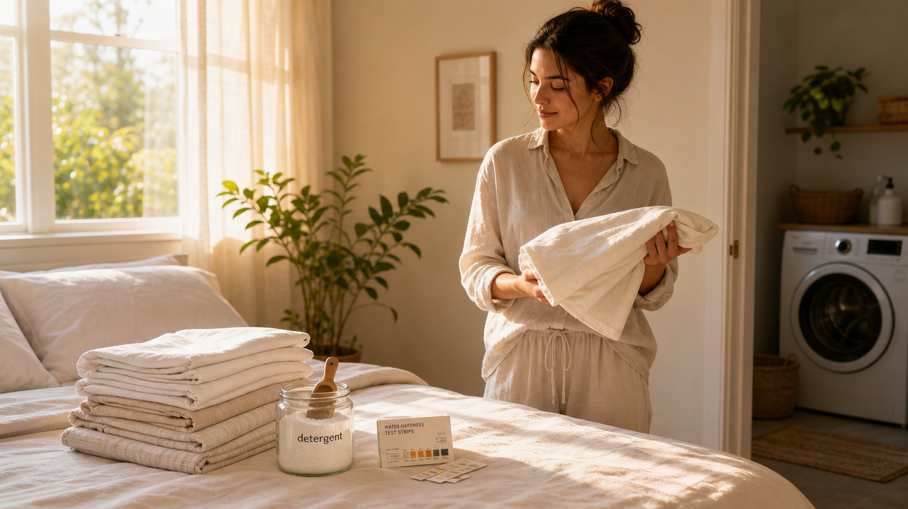 Mulher a verificar roupa limpa num quarto luminoso, com detergente e tiras de teste sobre a cama.