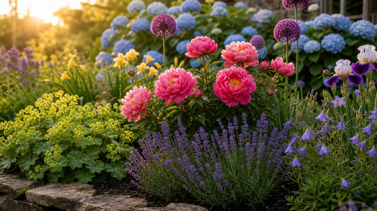 Jardim colorido ao pôr do sol com peónias cor-de-rosa, lavandas roxas e hortênsias azuis.