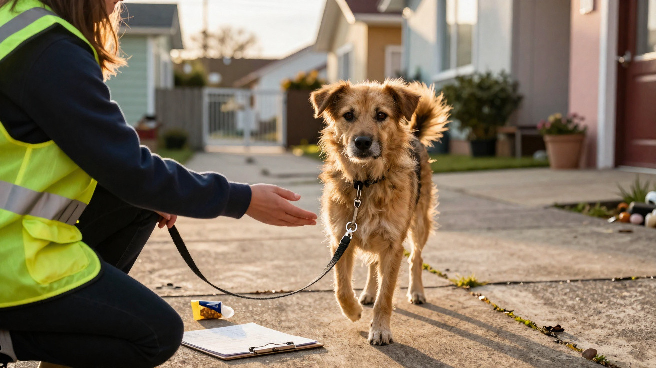 Pessoa com colete amarelo chama cão de raça mista durante passeio numa rua residencial ao pôr do sol.