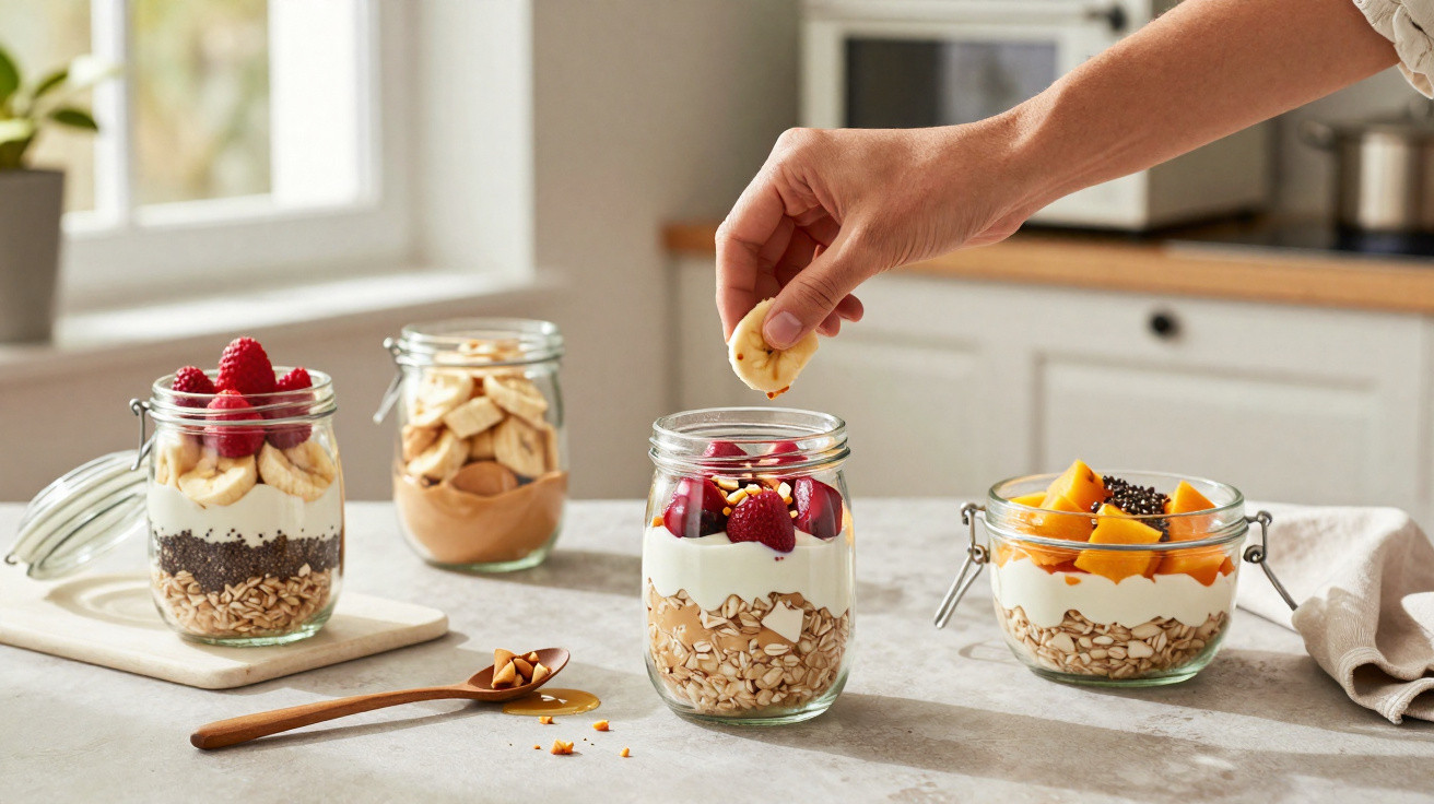 Frascos com granola, iogurte e fruta sendo preparados numa bancada de cozinha iluminada.