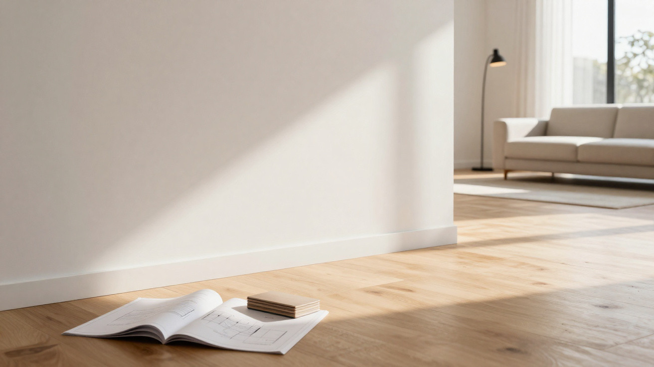 Sala de estar minimalista com chão de madeira, sofá, candeeiro e livros abertos no chão iluminados pelo sol.