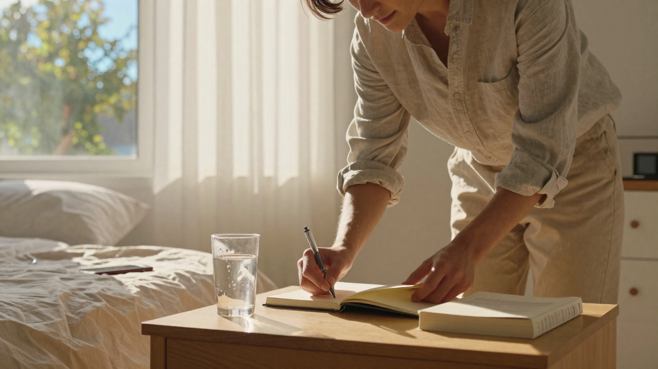 Pessoa a escrever num caderno numa mesa junto à cama, com luz natural a entrar pela janela atrás.