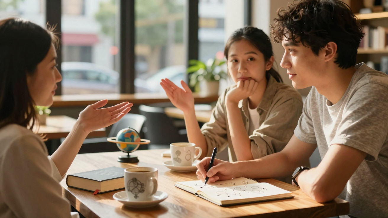 Três jovens conversam e fazem anotações numa mesa de café com chávenas e livros.