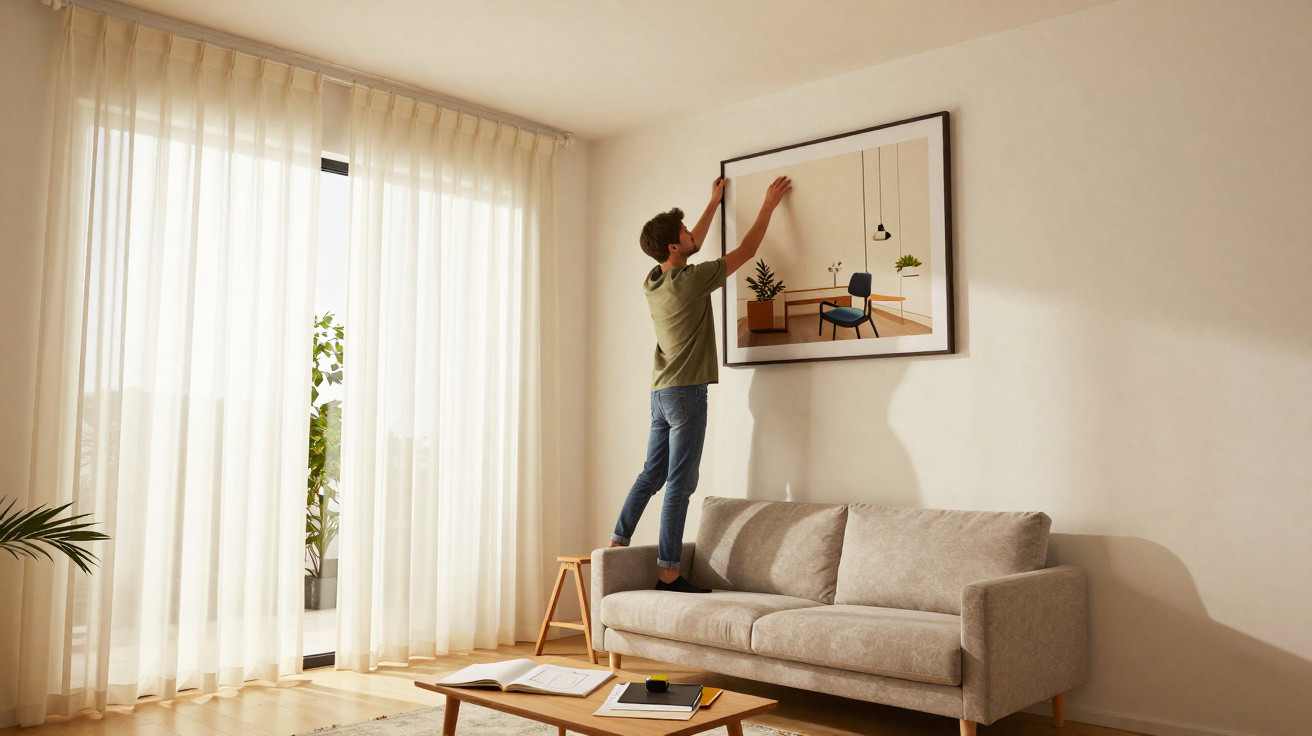 Homem a colocar quadro numa parede branca numa sala com sofá cinzento e cortinas transparentes brancas.